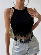 New Spring/Summer Women's Fashion Elegant Fringe Vest, Cropped Slim-Fit Crop Top - Black