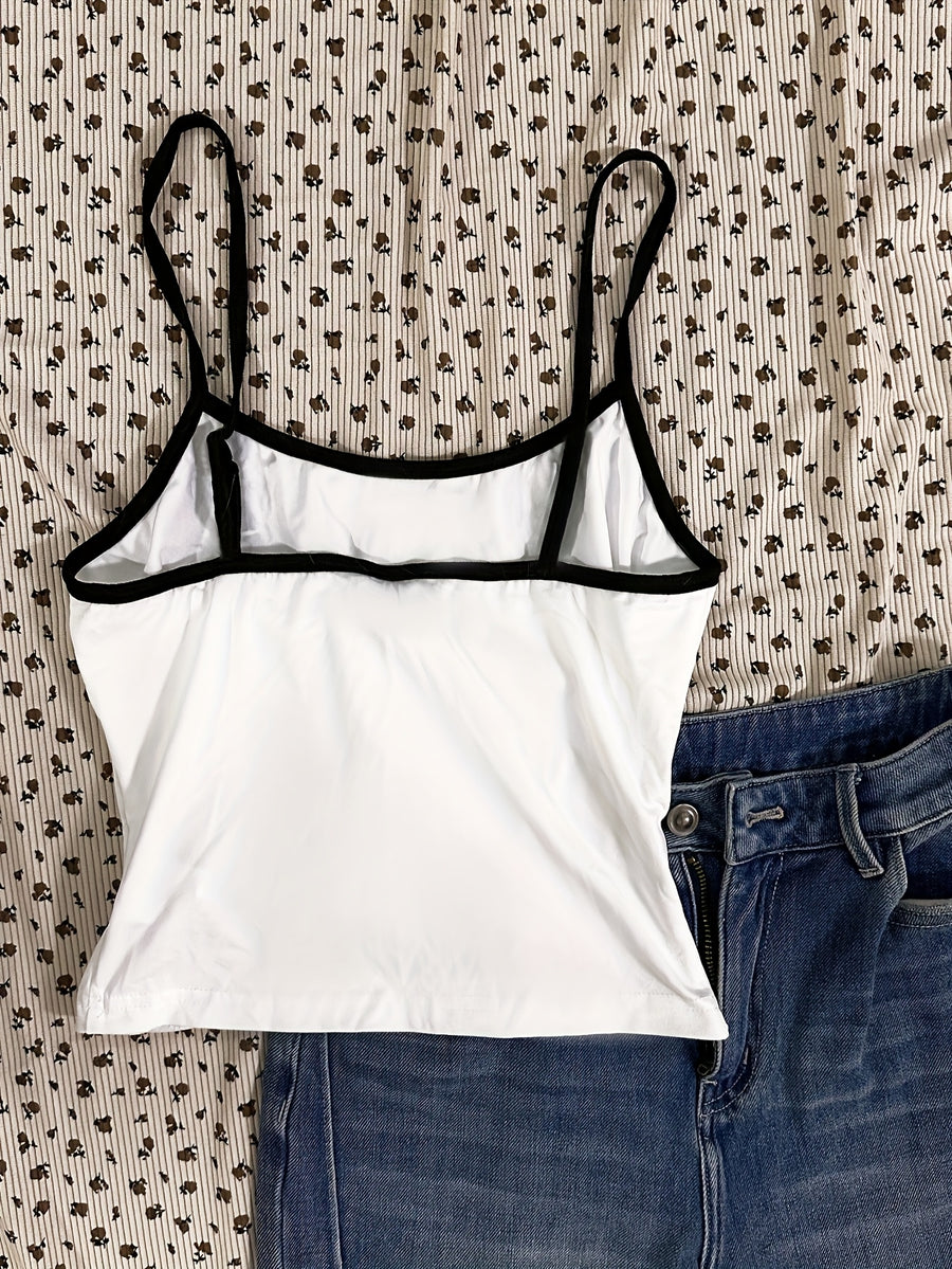 Casual and Simple Spaghetti Strap Tank Top with Skull, Cat, and Music Festival Prints, Perfect for Summer Vacations - White
