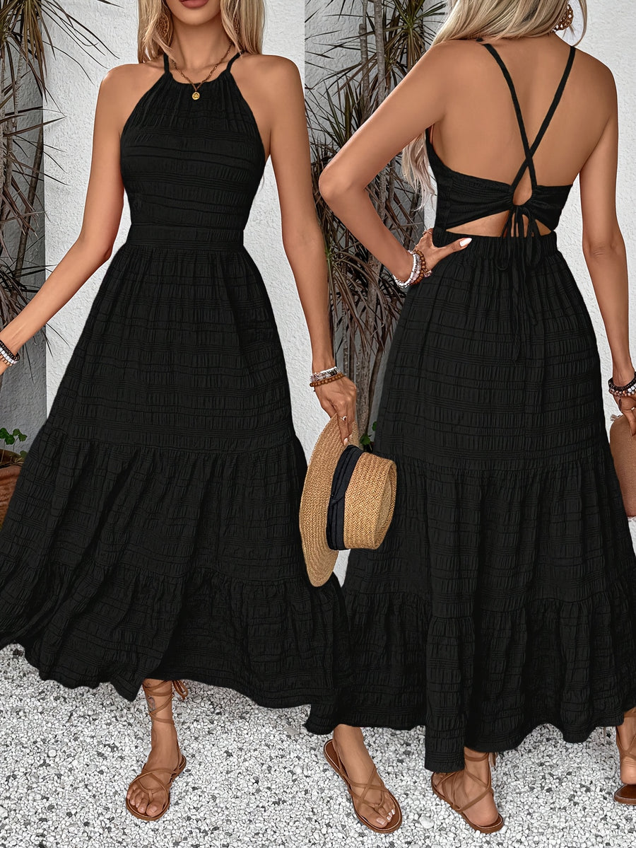 Summer Holiday Vacation Solid Texture Backless Dress, Long Vacation Beach Maxi Dress - Black
