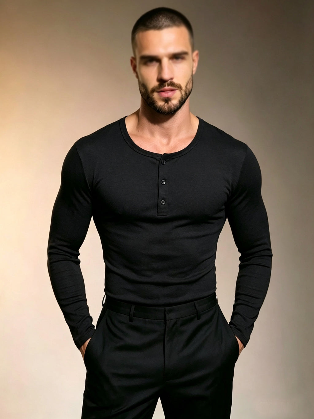 Men'S Mandarin Collar Long Sleeve T-Shirt, 3-Button Slim Fit Stretch Base Layer, Spring/Autumn Casual Athletic Top - Black