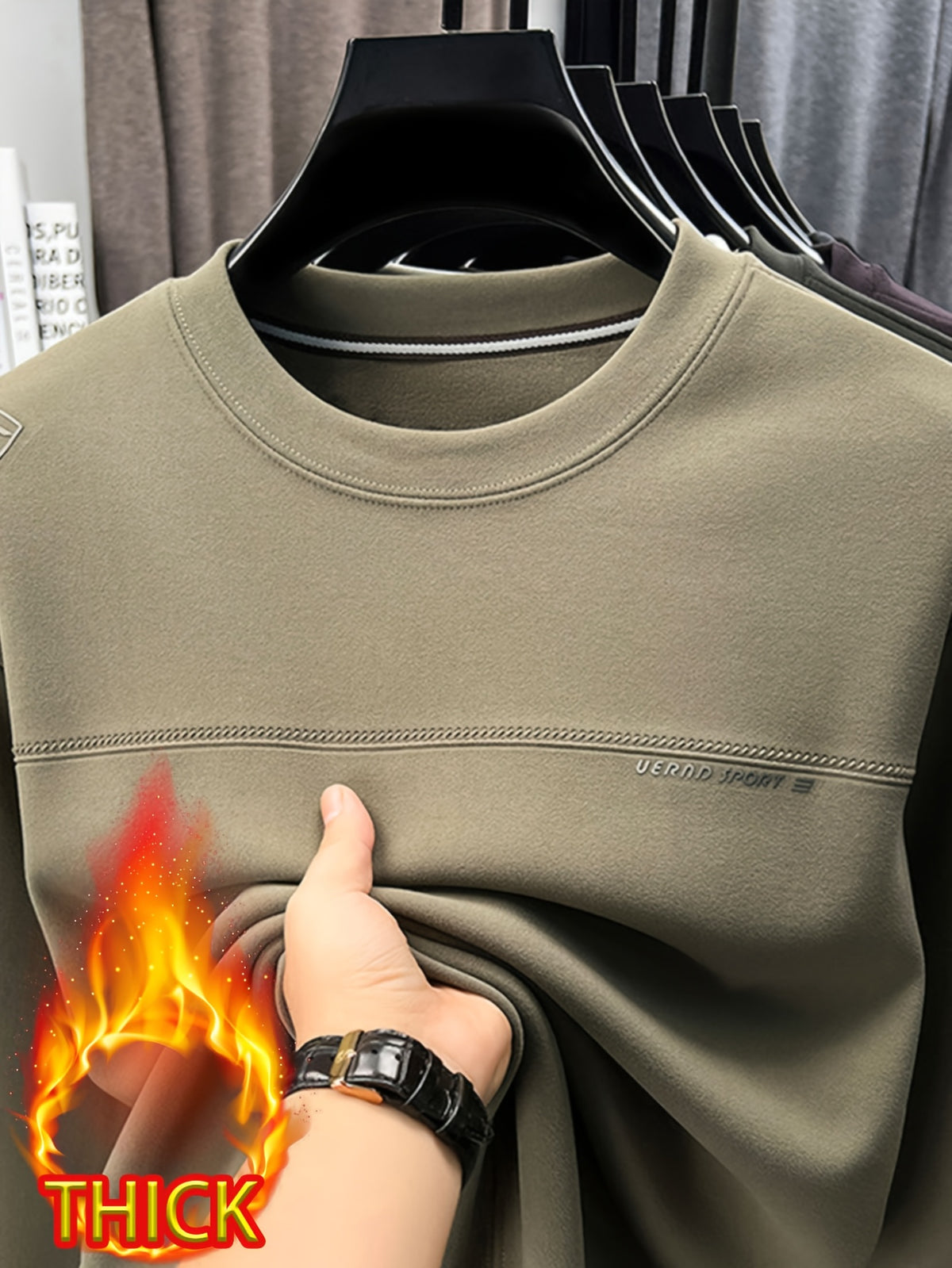 Men's Crew Neck Thickened Sweatshirt, Pullover Long Sleeve Sweatshirt, for Standalone Wear or Layering in Autumn/Winter, Ribbed Cuffs and Hem - SINBOS - Mocha