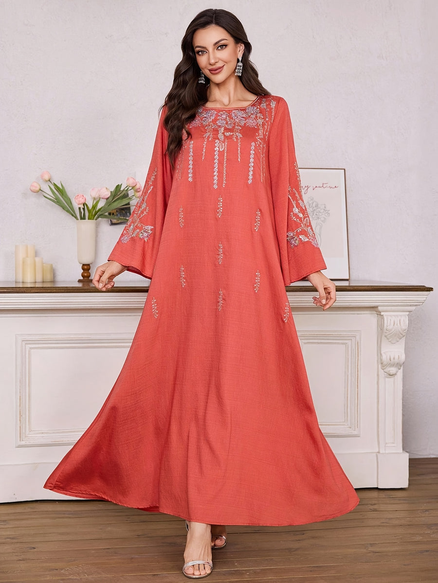 Al Najma Women ElegantEmbroidered Dress, MinimalistFashion Casual Daily Wear, Modest Kaftan - Orange Red