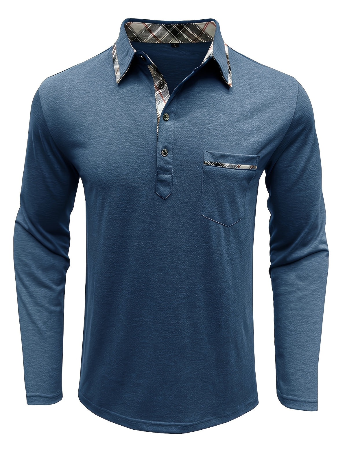 Spring and Autumn Fashion Men's Lapel Pocket Polo Shirt, Solid Color Casual Commuter Pocket Top - Blue