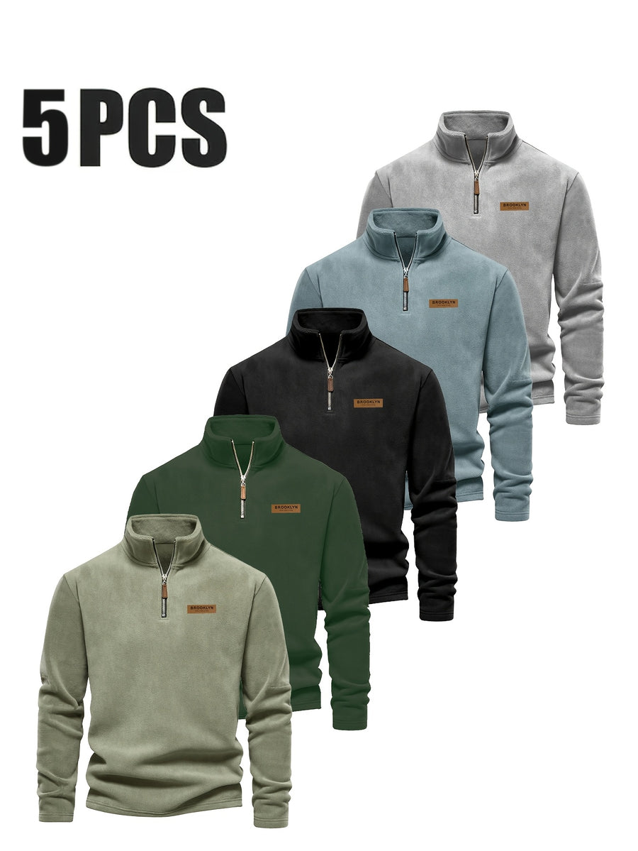 Men'S Fleece Half-Zip Sweatshirt 5pcs Set Autumn Winter Comfortable Warm Casual All-Match Style - Mint Green + Dark Green + Slate Blue + Black + Gray