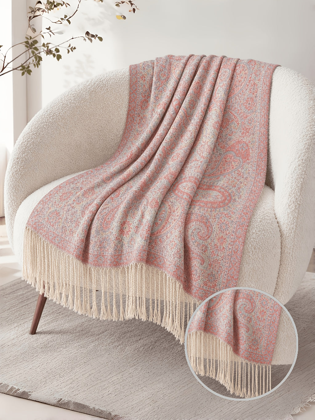 1pc Soft Paisley Fringed Cardigan, Elegant Oversized Coat, Pistachio Floral Pattern, Made of Breathable Fabric, Exquisite Fringed Trim, Multi-Functional Fashion Shawl - Pink Color