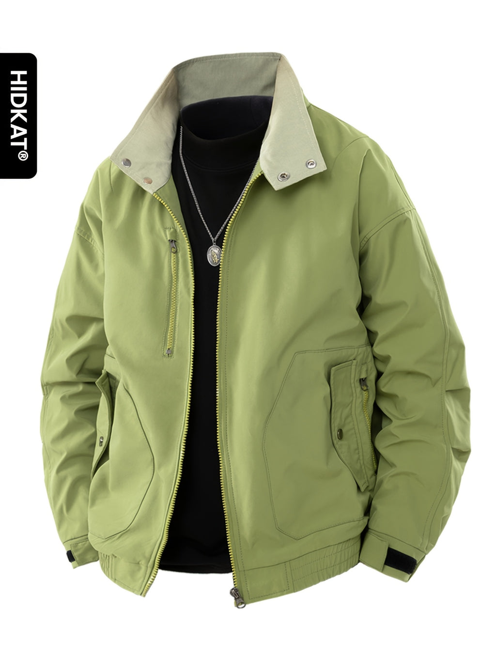 HIDKAT Men's Bomber Jacket with Contrast Collar & Zipper Pockets - Windproof Relaxed Fit Bomber Jacket Suitable for Streetwear, Aviation-Themed Outerwear, Machine Washable Zipper Closure Jacket with Stand Collar (No Transparency) - Green