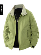 HIDKAT Men's Bomber Jacket with Contrast Collar & Zipper Pockets - Windproof Relaxed Fit Bomber Jacket Suitable for Streetwear, Aviation-Themed Outerwear, Machine Washable Zipper Closure Jacket with Stand Collar (No Transparency) - Green