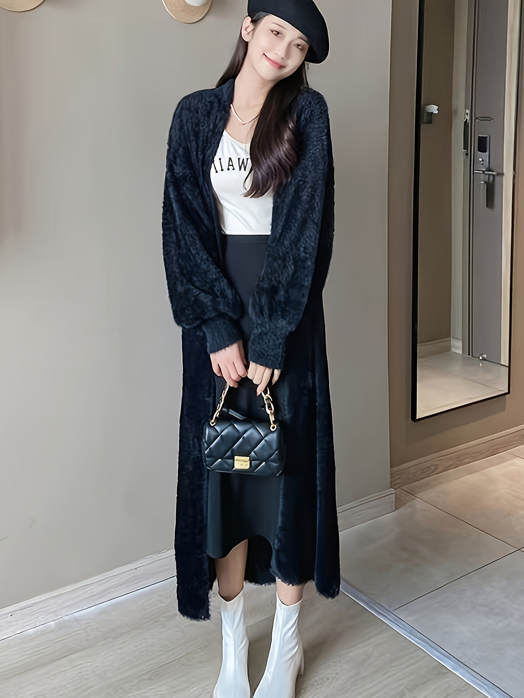 Spring 2025 Fashion Faux Mink Cardigan Sweater Coat, Mid-Length Loose Lazy Style Outerwear, Gentle And Elegant Long Over-The-Knee Cardigan Sweater - Black