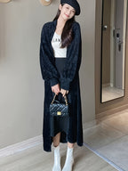 Spring 2025 Fashion Faux Mink Cardigan Sweater Coat, Mid-Length Loose Lazy Style Outerwear, Gentle And Elegant Long Over-The-Knee Cardigan Sweater - Black