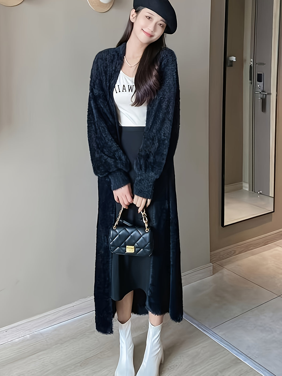 Spring 2025 Fashion Faux Mink Cardigan Sweater Coat, Mid-Length Loose Lazy Style Outerwear, Gentle And Elegant Long Over-The-Knee Cardigan Sweater - Black