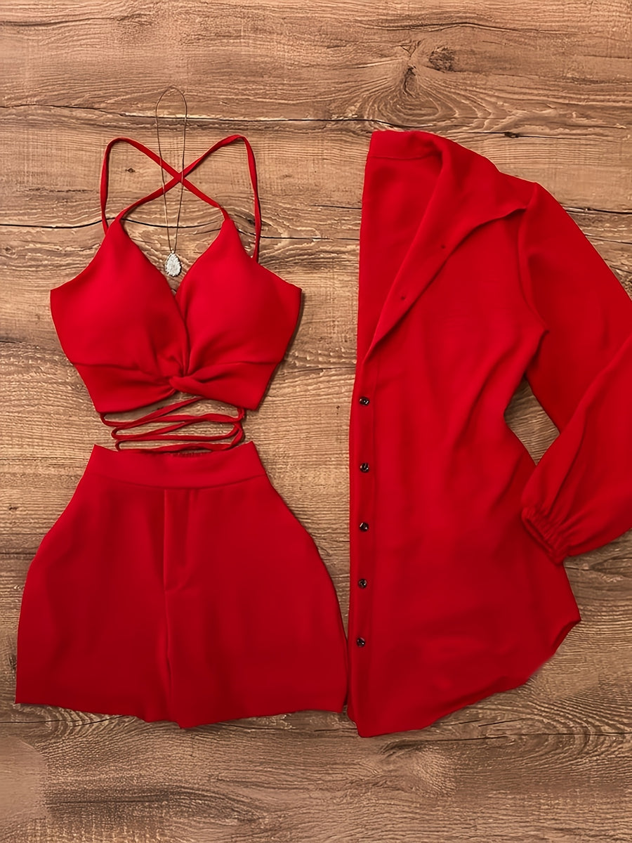 Women's Three-Piece Set: Camisole Top, Shorts & Shirt - Perfect for Daily Commute Vacation - Scarlet red