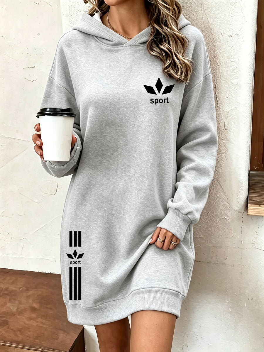 Long Printed Hooded Sweatshirt Dress Women'S Autumn Winter Thickened Fleece Top Women'S Versatile Loose Casual Long Sleeve Hoodie - Grey