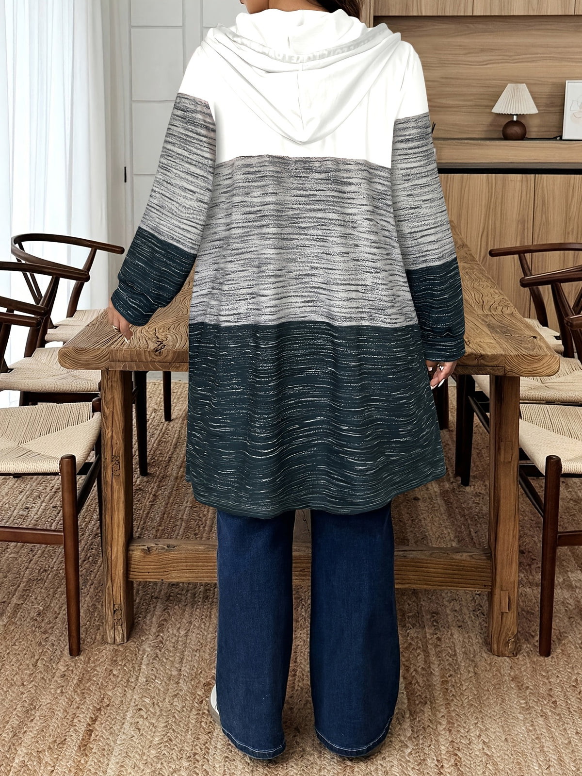 Plus Size, Cross-border Autumn/winter New Color-block Printed Letter Drawstring Hooded Long-sleeve Pocket Women's Plus-size Casual Jacket - White
