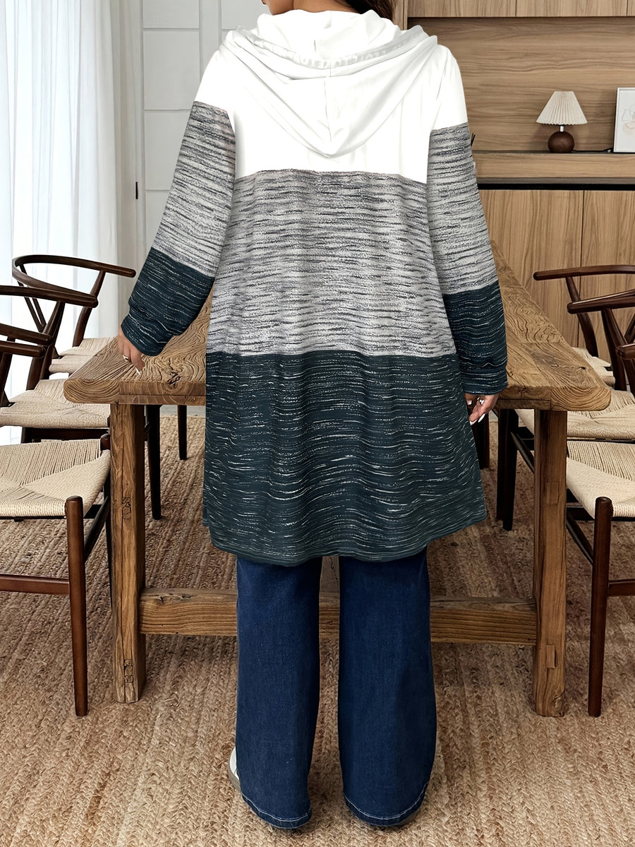 Plus Size, Cross-border Autumn/winter New Color-block Printed Letter Drawstring Hooded Long-sleeve Pocket Women's Plus-size Casual Jacket - White