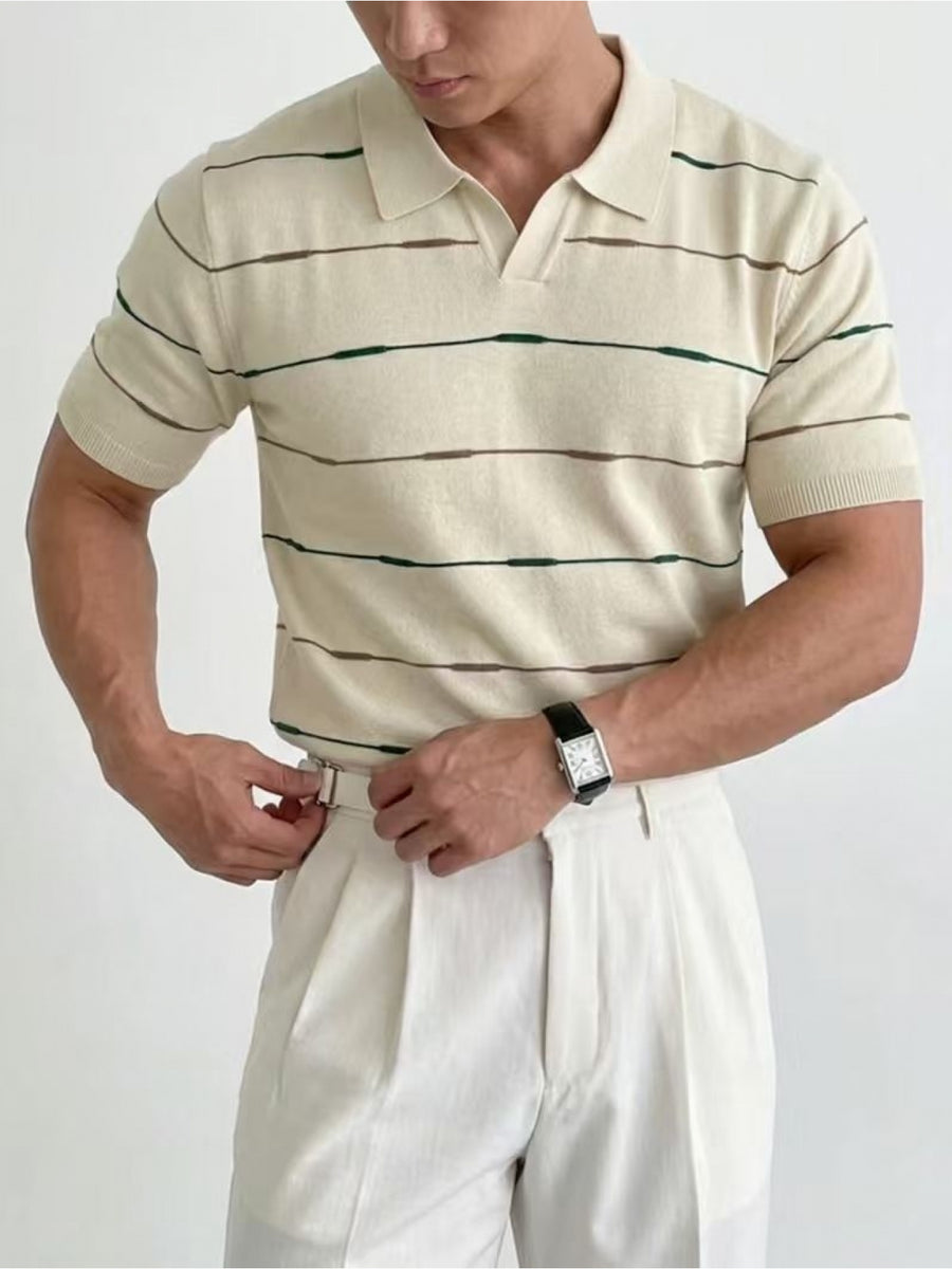 Men'S Contrast Narrow Stripe V-Neck Polo Knit Short Sleeve Summer Ice Fiber Fabric Slim Fit Breathable Top, Lightly Mature Commuter Textured Lapel Base Layer, Easy Versatile Casual Men'S Knit Polo Shirt - Khaki