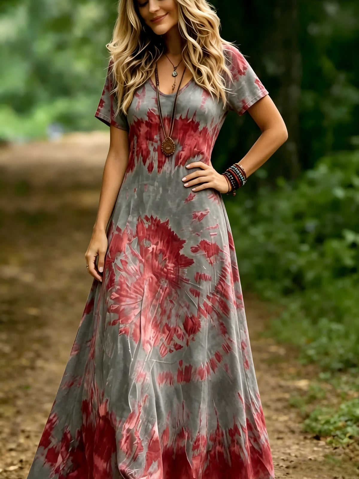 Plus Size, Plus-size Women's V-neck Dress for Spring/summer, Bohemian Style, Comfortable and Lightweight, Perfect for Beach Vacations, Fashionable and Versatile - Grey