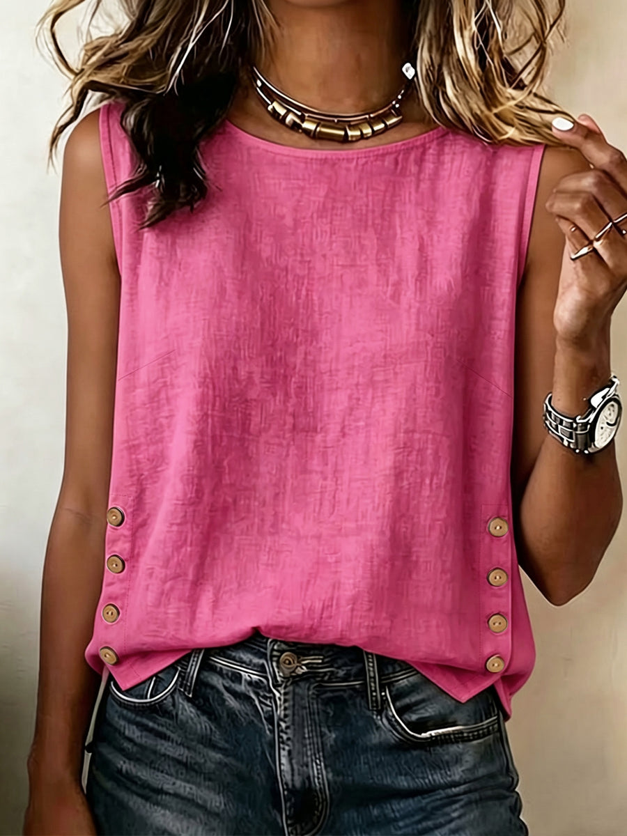 Summer Minimalist Style Round Neck Side-Button Versatile Sleeveless Shirt - Rose Red