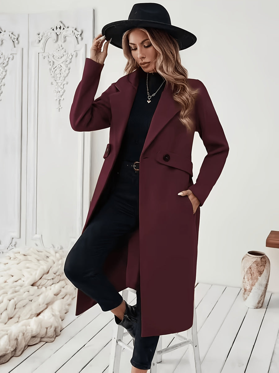 New Autumn/Winter Classic Notched Lapel Long Coat for Women, Waist-Cinching with Tie Belt and Two-Button Design, Over-the-Knee Outerwear, Elegant Commuter Style, Draped and Structured Long-Sleeve Coat with Side Pockets, Simple and Versatile, Slim Fit - Burgundy