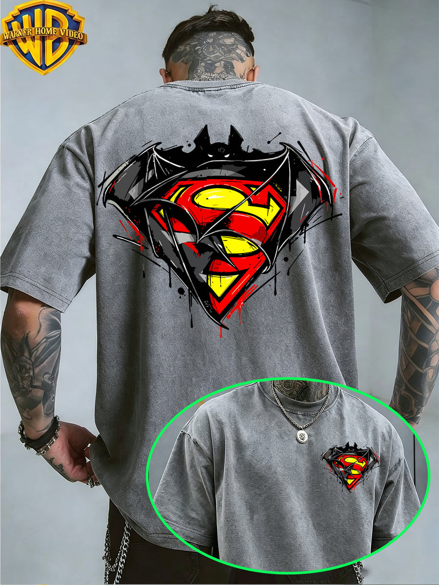 Warner Bros. Exclusive License, Hip-Hop Street DC Superman Batman Logo Print Design Men'S Summer Loose Round Neck Commuter Short Sleeve T-Shirt, Multi-Style, Loose Fit, Suitable for Summer Wear, Suitable for Outdoor Activities, Fitness, Parties - Grey