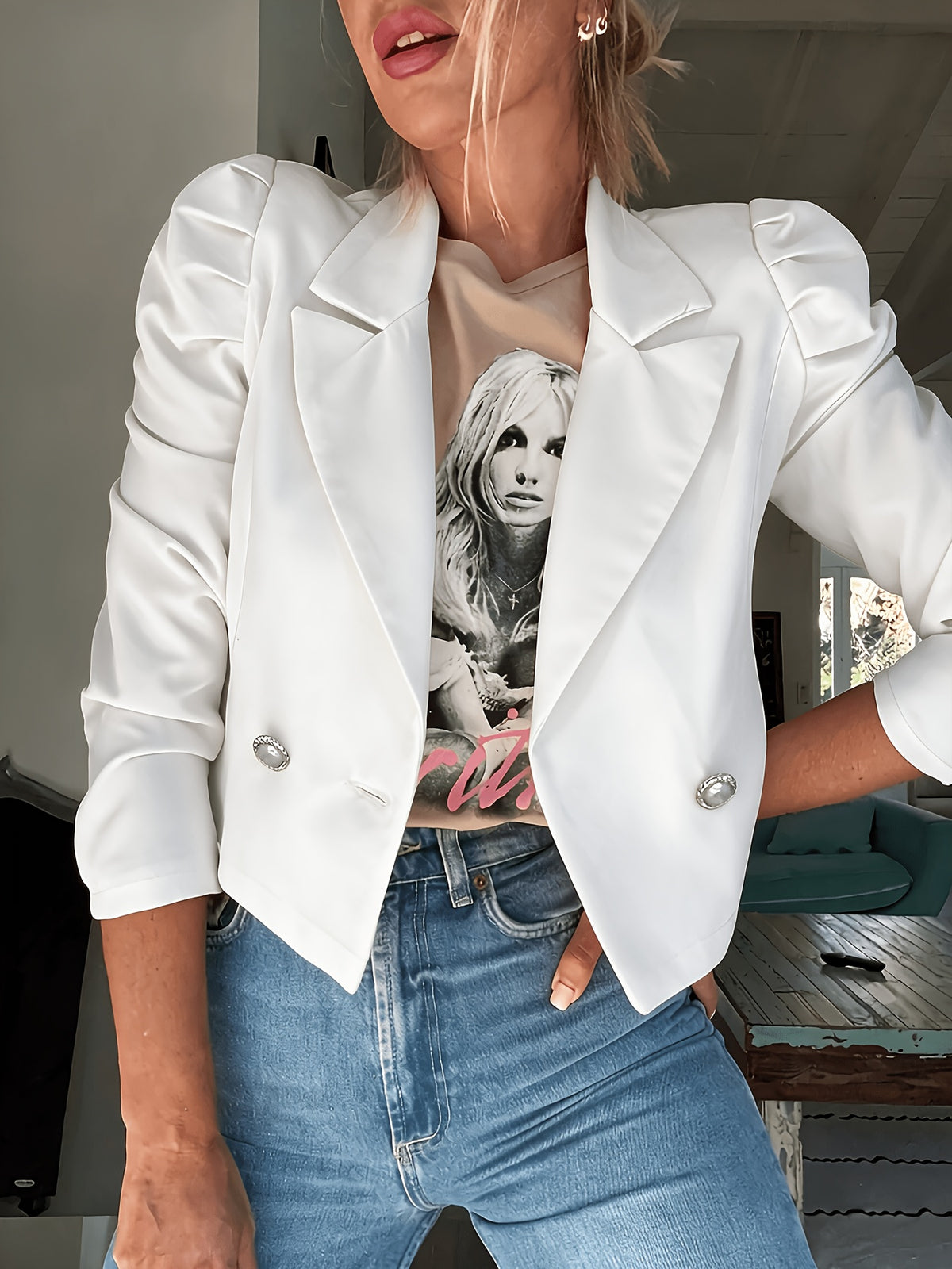 YYTT Autumn Winter New Fashion Temperament Elegant Commute Office All-Match Puff Sleeve Short Suit Jacket/Women'S Autumn Winter Coat - White
