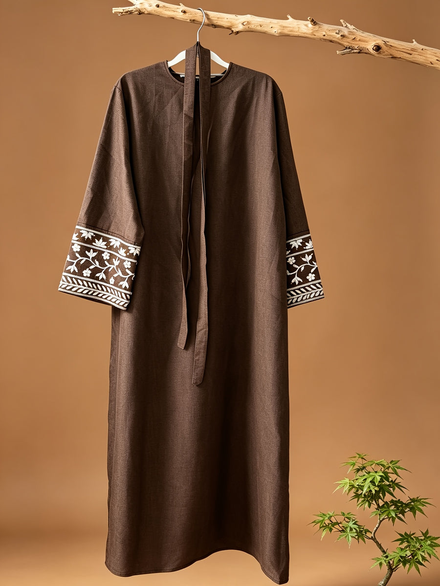 1pc Women'S Arab Robe - Elegant Islamic Dress, Exquisite Embroidered Cuffs, Suitable for Muslim Women, Office, Travel, Religious Ceremonies, Travel Clothing, Loose Fit, Breathable Fabric, Dignified Attire - Coffee Brown
