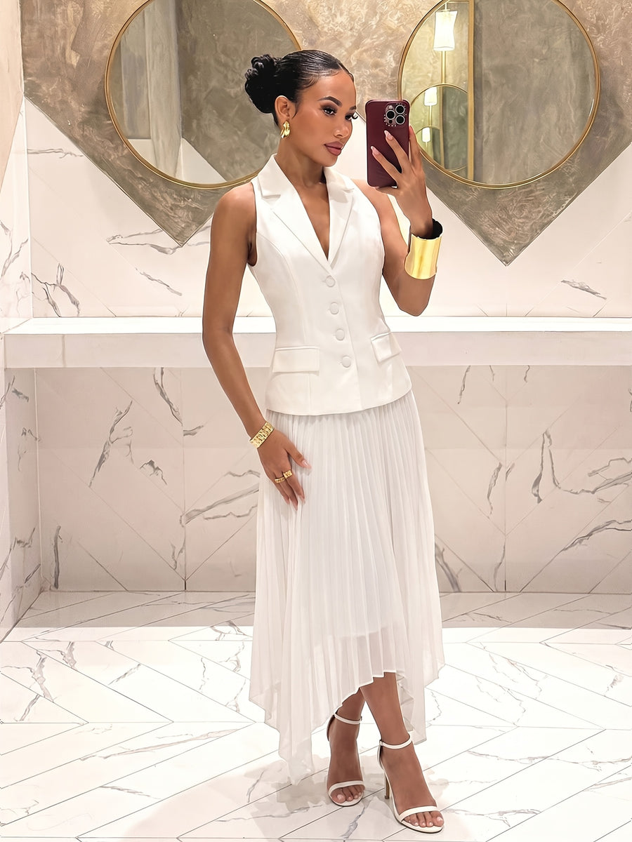 Women'S Dress, Summer New Halter Neck Suit Style Dress, Design Irregular Flared Pleated Skirt - White