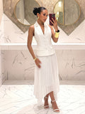 Women'S Dress, Summer New Halter Neck Suit Style Dress, Design Irregular Flared Pleated Skirt - White