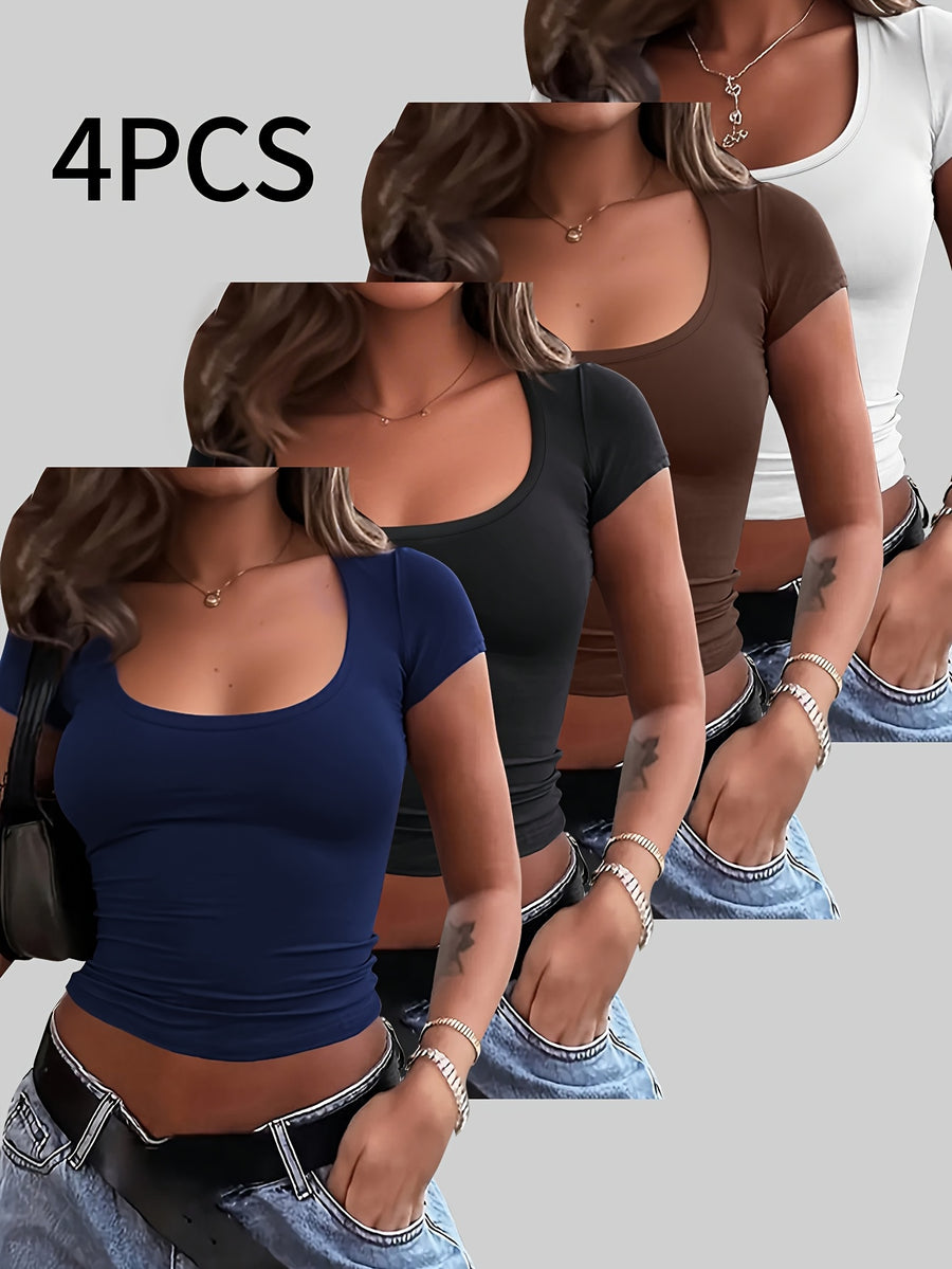 4pcs Set U-Neck Short-Sleeved T-Shirt Women'S Summer New Solid Color Slim Short All-Match Top - Navy + black + brown + white