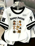 Women'S Round Neck Short-Sleeved T-Shirt Casual Women'S Clothing, Contrasting Color Striped Sleeve Design, "Harry Potter" Cartoon Sticker Style Pattern Print, Short-Sleeved Women'S Top Summer, Soft And Comfortable Short-Sleeved - Black