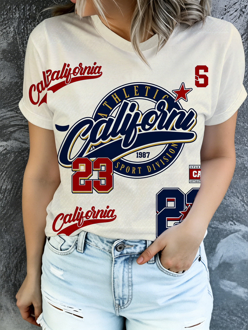New Summer Fashion California Women's Printed T-Shirt, Beige Short Sleeve Crew Neck Casual Top with Vintage College Style Design - Mixed colors