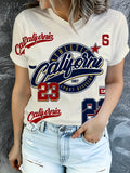 New Summer Fashion California Women's Printed T-Shirt, Beige Short Sleeve Crew Neck Casual Top with Vintage College Style Design - Mixed colors
