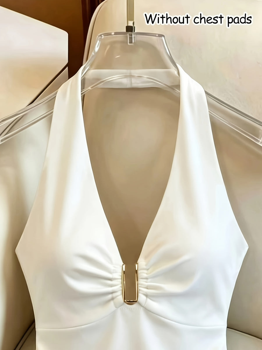 Autumn/Winter Halter Neck Deep V-Neck Sleeveless Bodysuit for Women, Niche Design Slim-Fit Waist-Cinching Base Layer, Solid Color Versatile Daily Outerwear Tight-Fitting Bodysuit Top (Without Breast Pads) - White