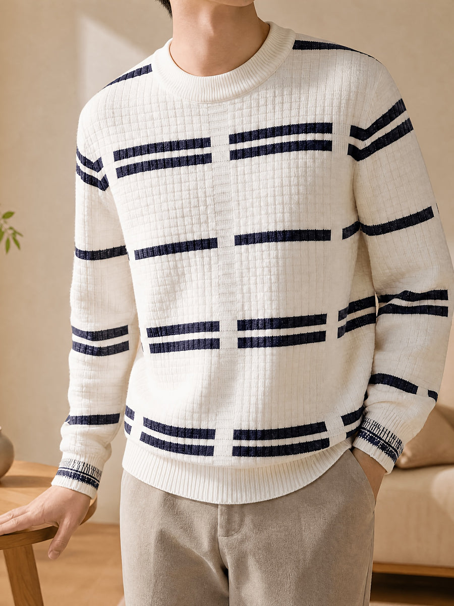 1pc Du Jing Lan OBM Men's Knit Sweater - Old Money Style Contrast Color Striped Crew Neck Sweater, Business Casual Striped Pullover Suitable for Layering, Golf, Basketball, Outdoor & Daily Wear, Belt-Free Warm Sweater for Spring/Autumn/Winter - White
