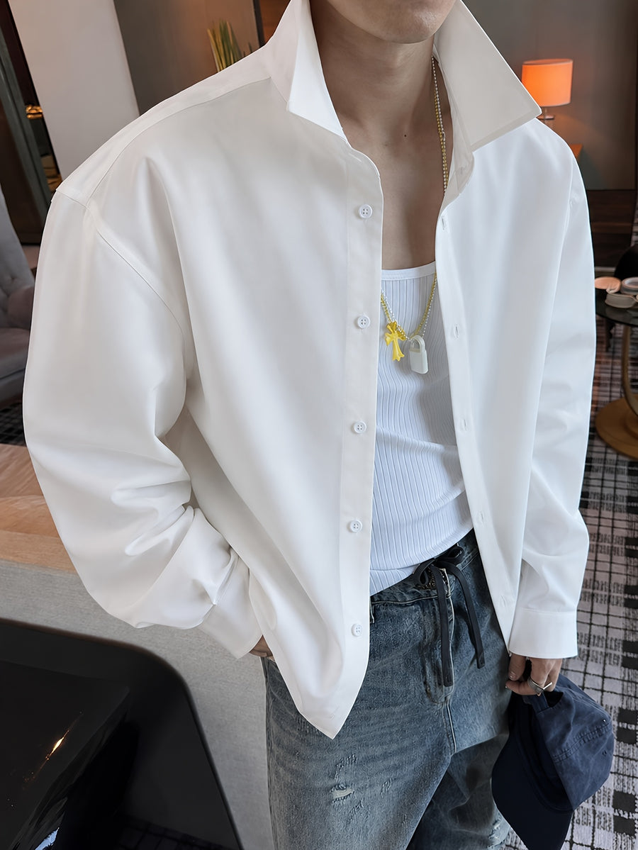 Solid Color Long Sleeve Shirt for Men, Fashionable Spring/Autumn Casual Loose White Shirt, Daily Commute Business Workwear, Korean Style Temperament Top Shirt Jacket - White