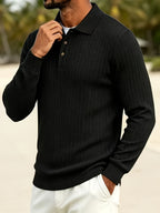 2026 New Men's Long-Sleeve Polo Shirt, Jacquard Texture Lapel Top, Casual Three-Button Knitted Business Versatile Long-Sleeve T-Shirt - Black