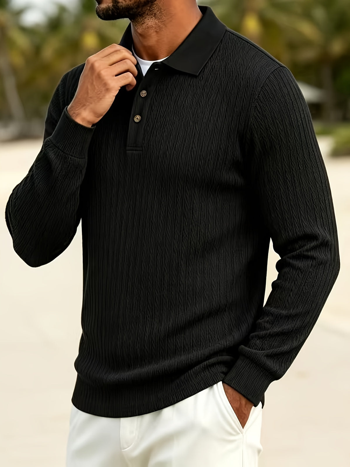 2026 New Men's Long-Sleeve Polo Shirt, Jacquard Texture Lapel Top, Casual Three-Button Knitted Business Versatile Long-Sleeve T-Shirt - Black