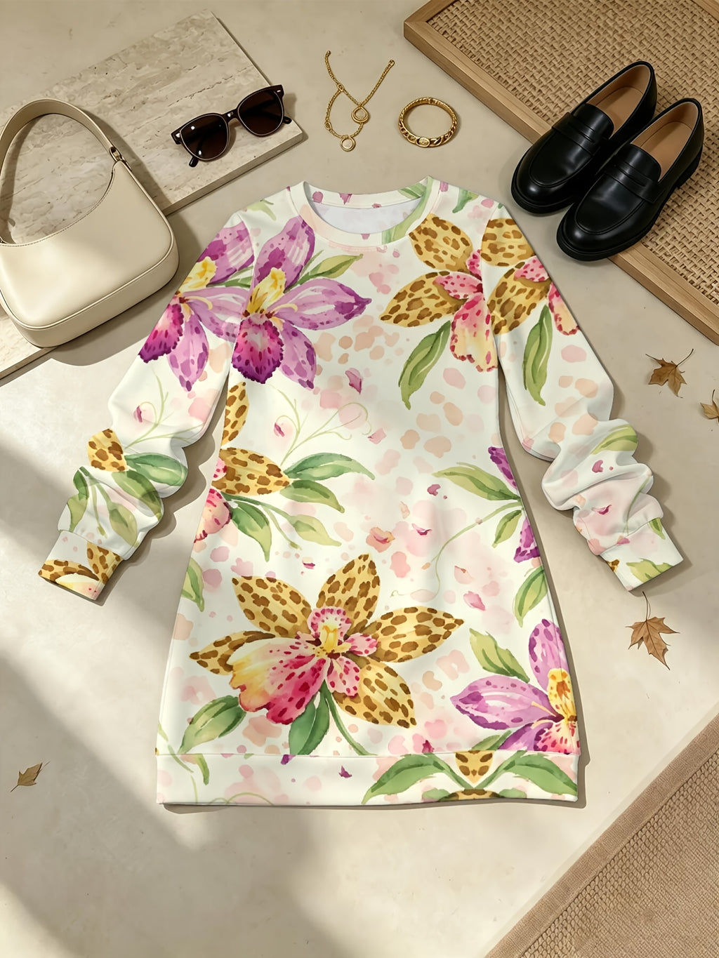 Orchid Flower Cluster Women'S All Over Print Long Sleeve Dress, Slight Stretch Crew Neck A Line Straight Hem, Versatile for Commute, Home & Dating - Multicolor