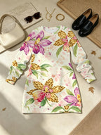 Orchid Flower Cluster Women'S All Over Print Long Sleeve Dress, Slight Stretch Crew Neck A Line Straight Hem, Versatile for Commute, Home & Dating - Multicolor