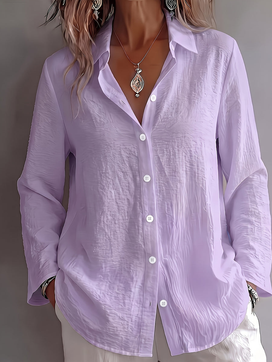 Women's Elegant V-Neck Loose Fit Lazy Linen Textured Shirt - Lavender