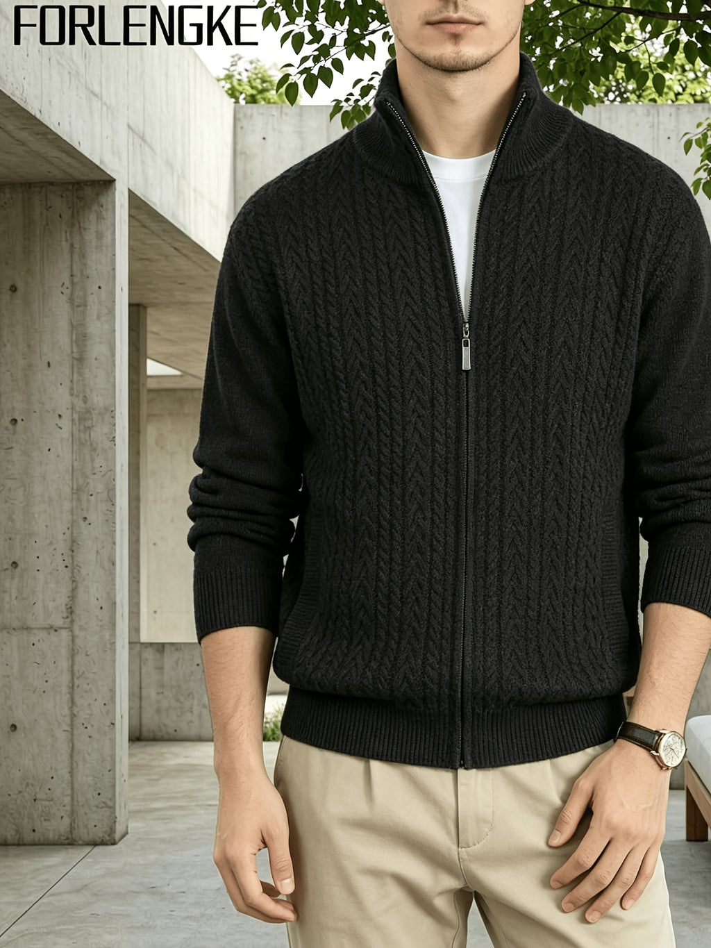 FORLENGKE Men'S Business Casual Stand Zip Cable Knit Cardigan, Soft Warm Long Sleeve Knitted Jacket for Fall Winter Office Daily Wear - Black