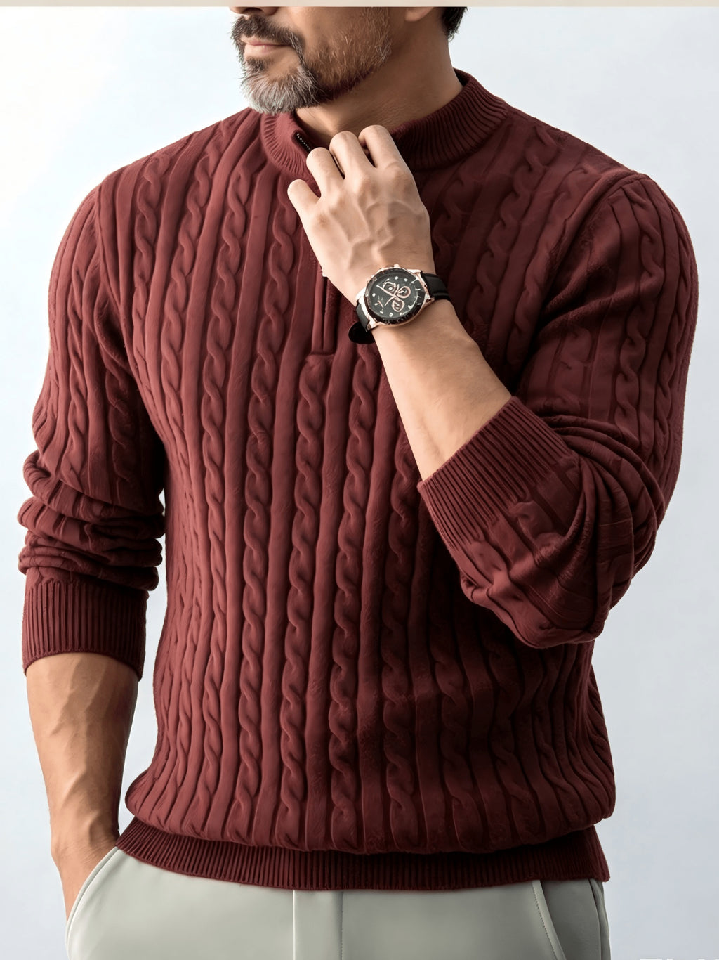 Men's Relaxed-fit Spring and Autumn Style with a Chic Half-zipper Design for a Casual, Laid-back Look. The Exquisite Cable-knit Texture Adds a Vintage Touch, While the Solid Color Offers a Calm and Sophisticated Vibe, Perfect for Creating a Casual - Burgundy