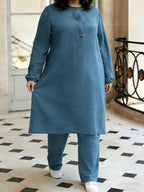 Eid Elegant Muslim 2pcs Jilbab/Abayas Set | Wooden Button Abaya with Wide-Leg PantsDaily Modest Wear - Royal Blue