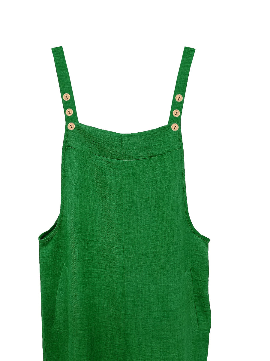 Women's Vacation Wide-Leg Jumpsuit - Sleeveless with Adjustable Buckle Straps, Pockets Included, Machine Washable, Solid Color - Green