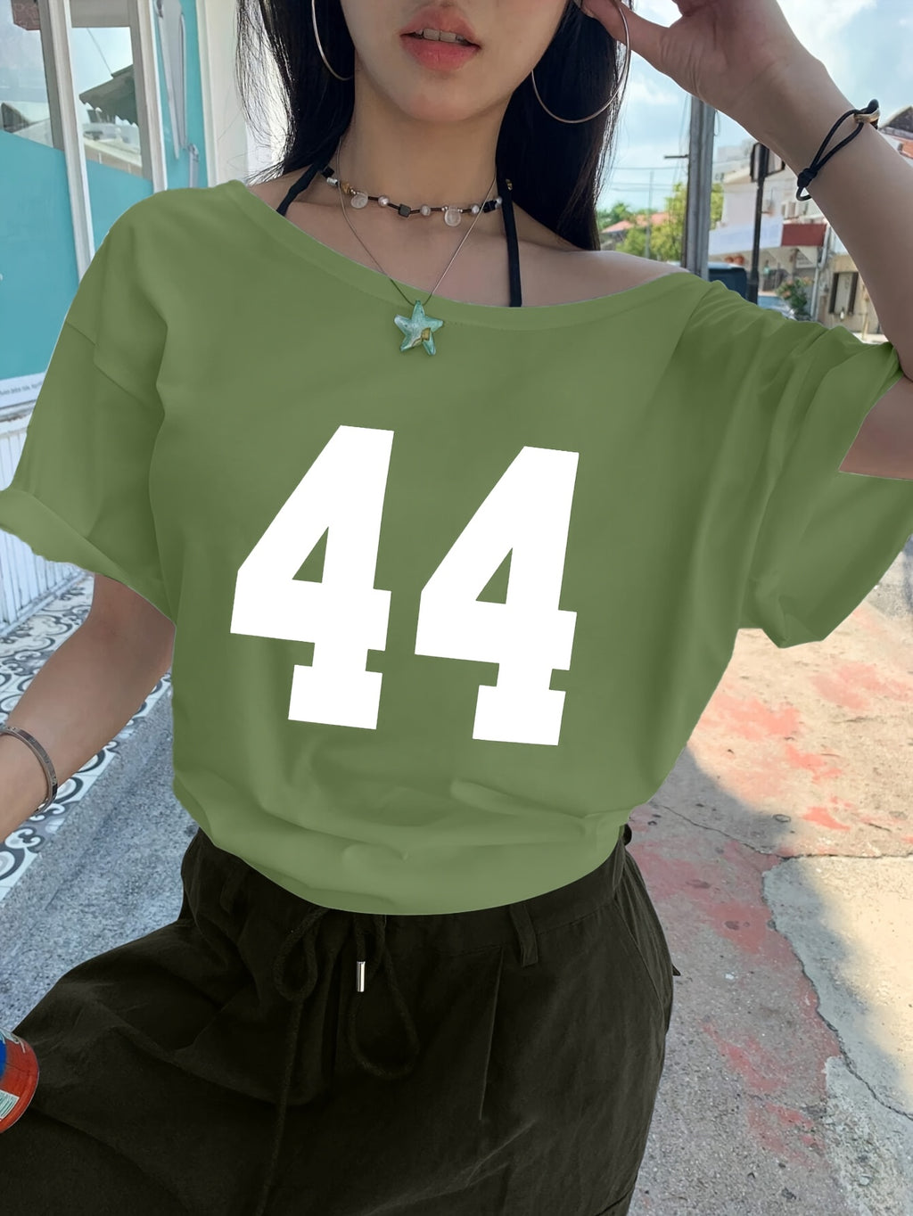 Women'S Casual Off-Shoulder Short Sleeve Number Print Pattern T-Shirt, Slouchy Casual Short Sleeve, Regular Loose Summer Short Sleeve Top - Tactical Green
