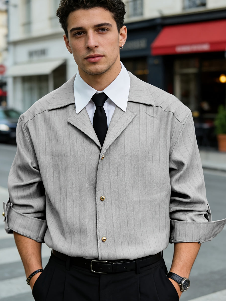 Men's Casual Striped 2-in-1 Look Shirt with Lapel Collar, Button-Up, Long Sleeves, and Rolled Hem Top for Business, Daily, and Street Fashion - Grey