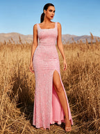 Light Blue Sequined Square Neck Mermaid Evening Gown, High Slit Design, Formal Prom Wedding Guest Dress, Slit Sequined Dress Light Blue - Pink
