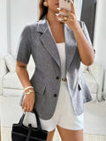 Gray Short-Sleeved Suit Jacket, Loose And for Commuting And Casual Wear, -Textured Short-Sleeved Suit, Waist-Cinching And Single-Breasted Commuting Casual Jacket - Grey