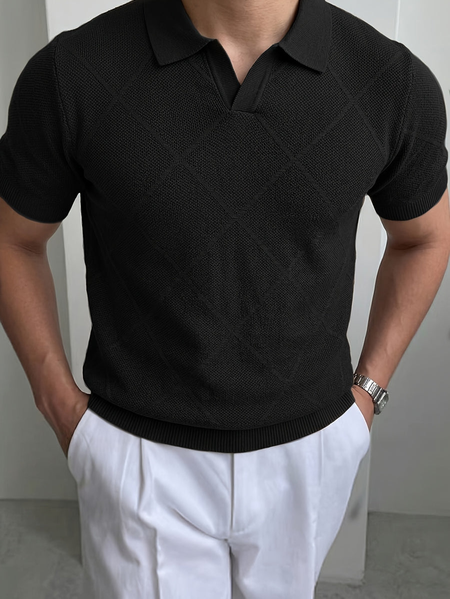 Men's Summer Vintage Rhombus Knit Polo Shirt, Vacation Casual Style Slim Fit Lapel Short Sleeve Sweater, Business Casual Commuter Knit Polo Shirt, a Satisfying Choice for Men - Black