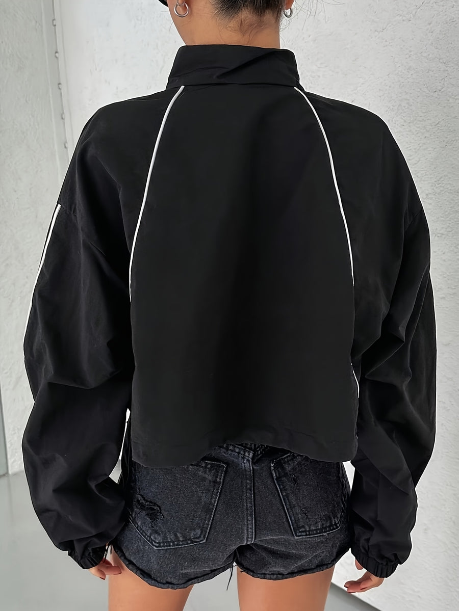 Women'S Spring New European And American Casual Stand Collar Color Blocking Zipper Raglan Sleeve Drawstring Loose Jacket Women'S Short Loose Jacket Top - Black