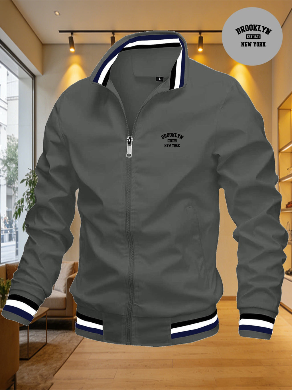 Lightweight Windproof Casual Coat with a Vintage Baseball Collar for Men, Inspired by Brooklyn, New York - Light Grey